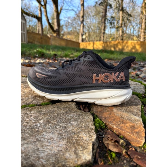 HOKA Clifton 9 Running Shoes Women's Size 9 Black Rose Gold Comfort Low Sneakers - Picture 3 of 11